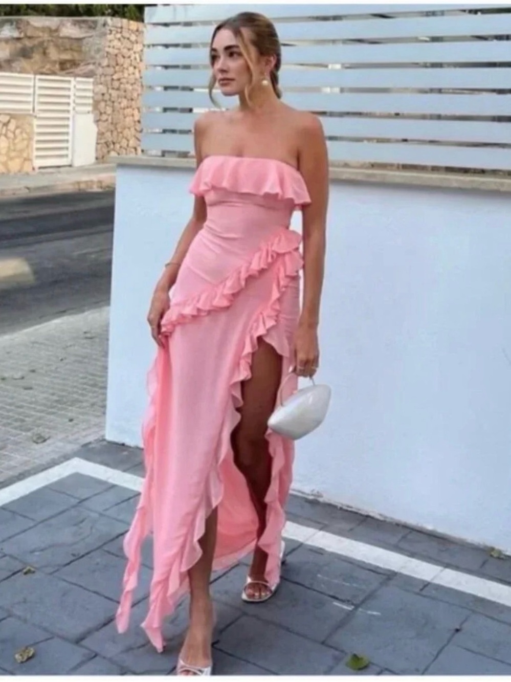 House of CB Strapless Pink Ruffle High-Slit Maxi